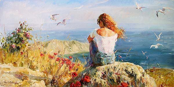 мечтательница - грусть, цветы, море, женщина, картина, мечтать - оригинал