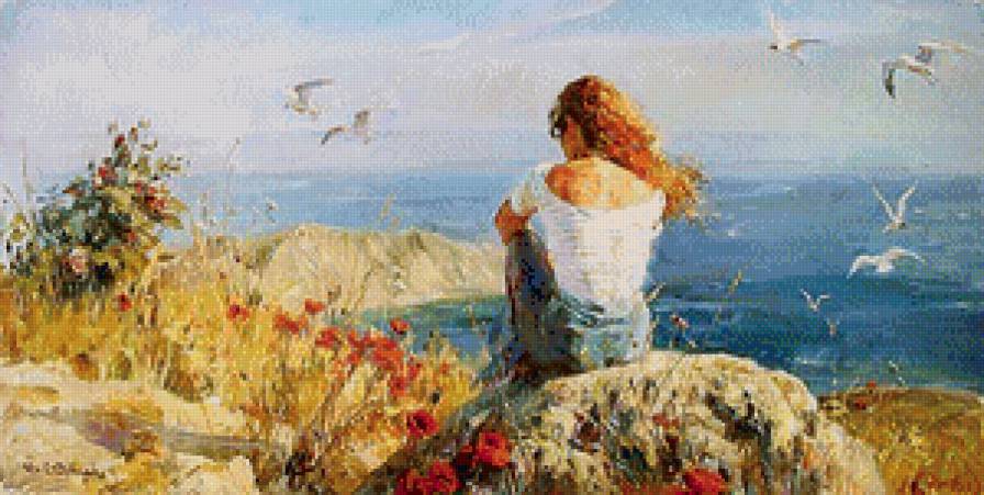 мечтательница - женщина, мечтать, море, картина, грусть, цветы - предпросмотр