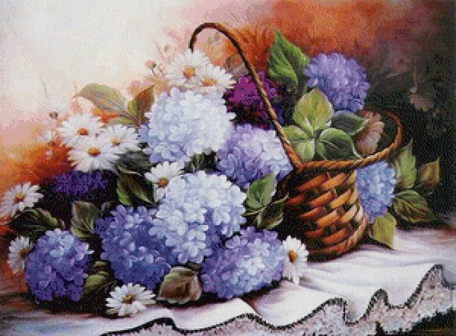 гортензии и ромашки в корзине - гортензии.букет, цвуты.ромашки, природа.белые, голубые, корзинка - предпросмотр