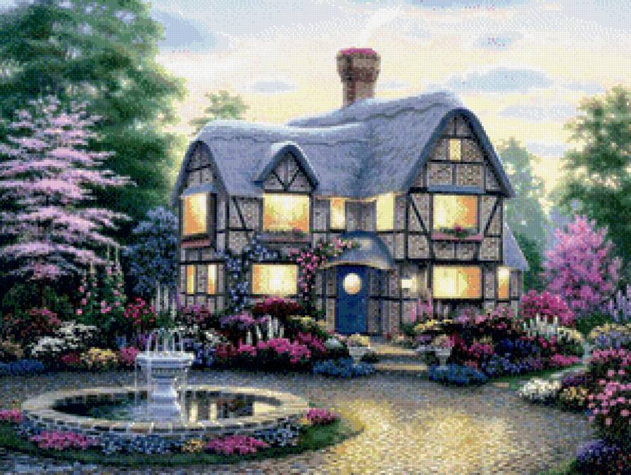 Уютный домик - цветы, фонтан, сад, пейзаж, домик - предпросмотр