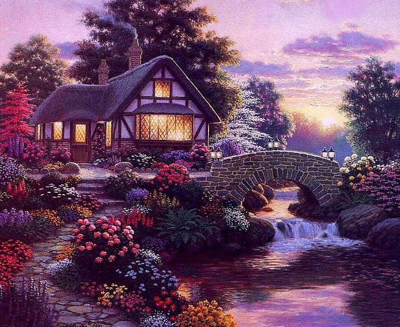 Сиреневый вечер - сад, цветы, вечер, пейзаж, домик - оригинал