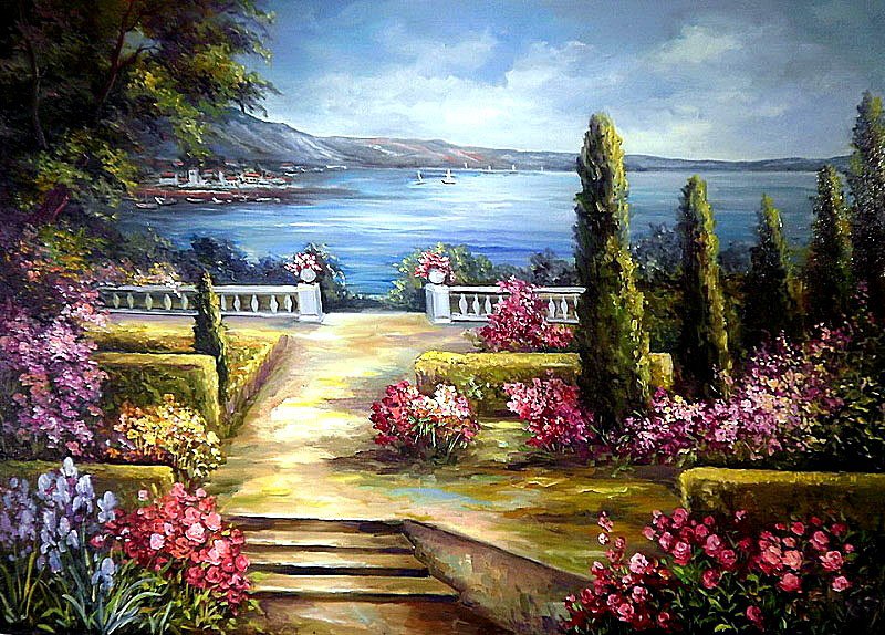 Приморский парк - цветы, парк, растения, море, пейзаж, красота - оригинал