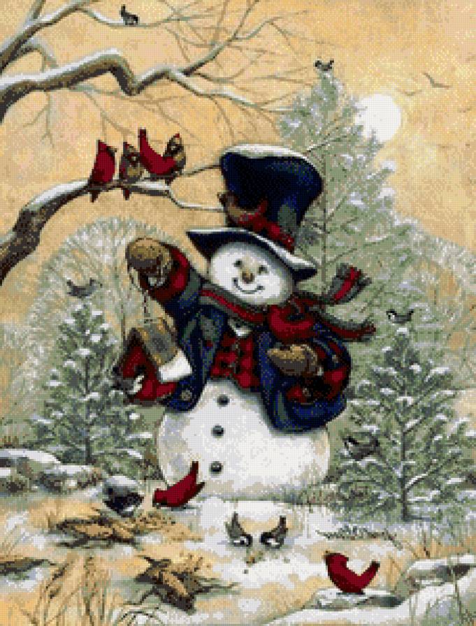 снегвик и птицы - птицы.зима, дерево, рождество.новый год, лес, детские, снег, снеговик - предпросмотр