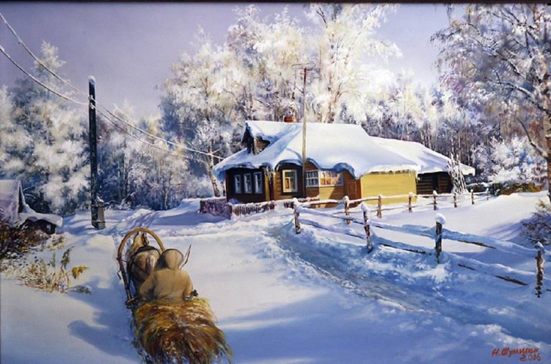 зима в днревне - рождество, снег, зима, новый год, сани, городок - оригинал