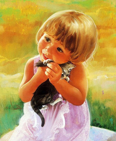 девочка с котёнком 2 - котенок, любимцы, девочка, дети, трава, лужайка - оригинал