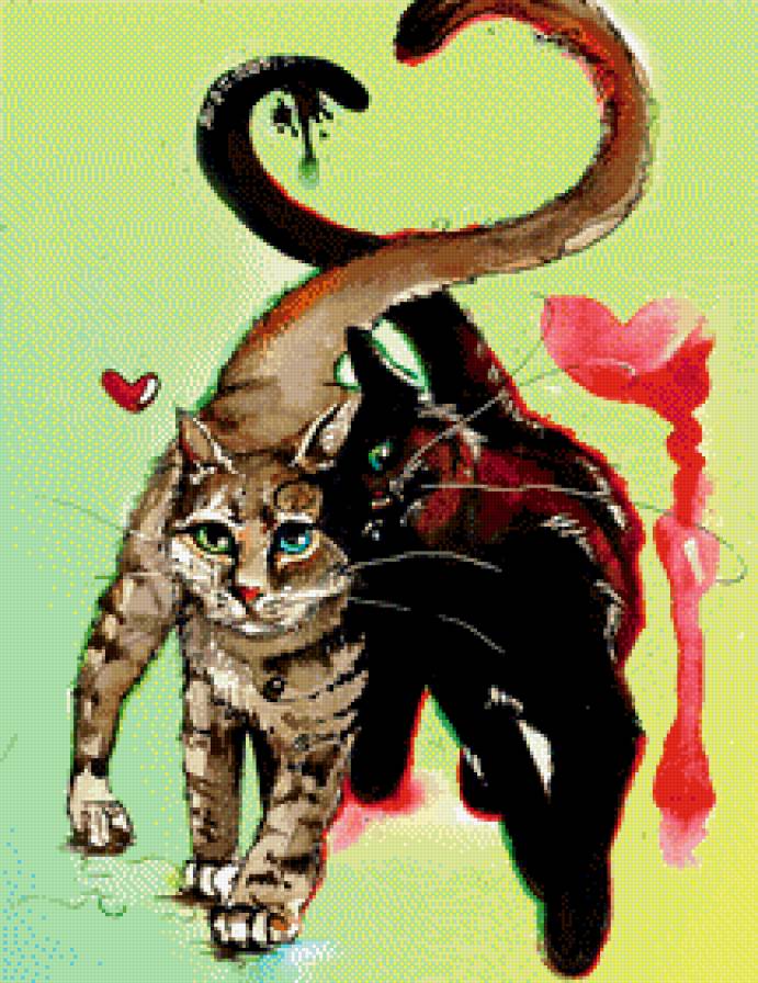 сладкая парочка - сердце, любовь, пара, кошка, кот, живопись - предпросмотр