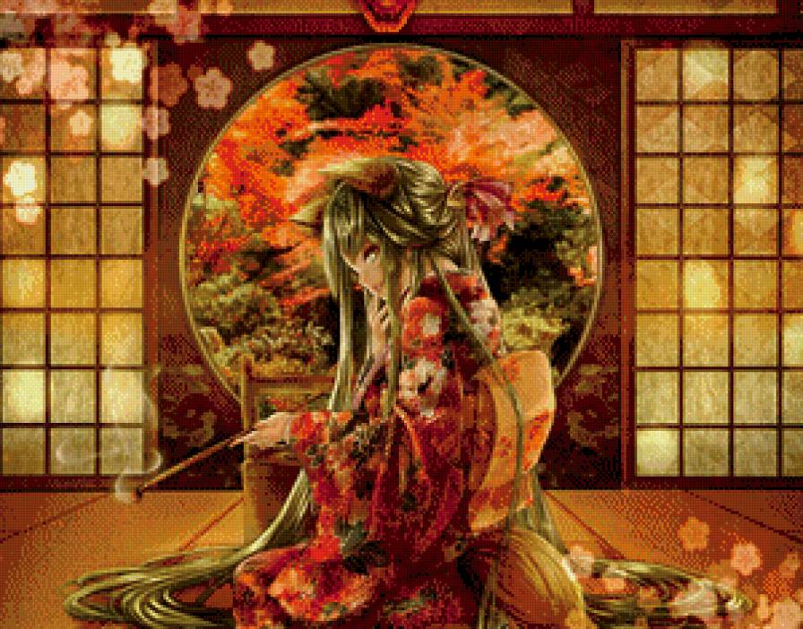 неко - гейша, восток, аниме, живопись, девушка, женщина - предпросмотр