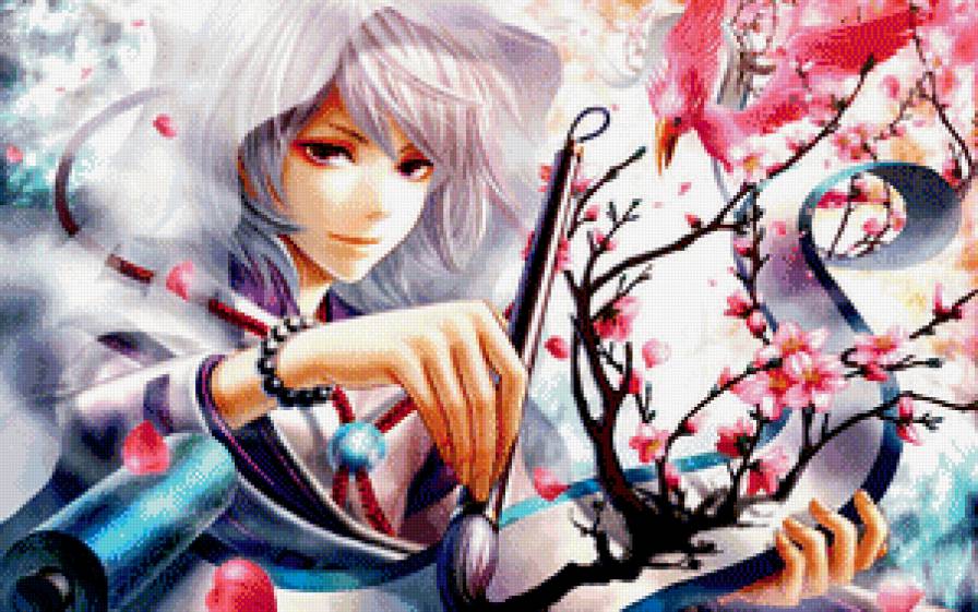 художник - парень, восток, птица, фэнтези, цветы, аниме, живопись, свиток, сакура - предпросмотр