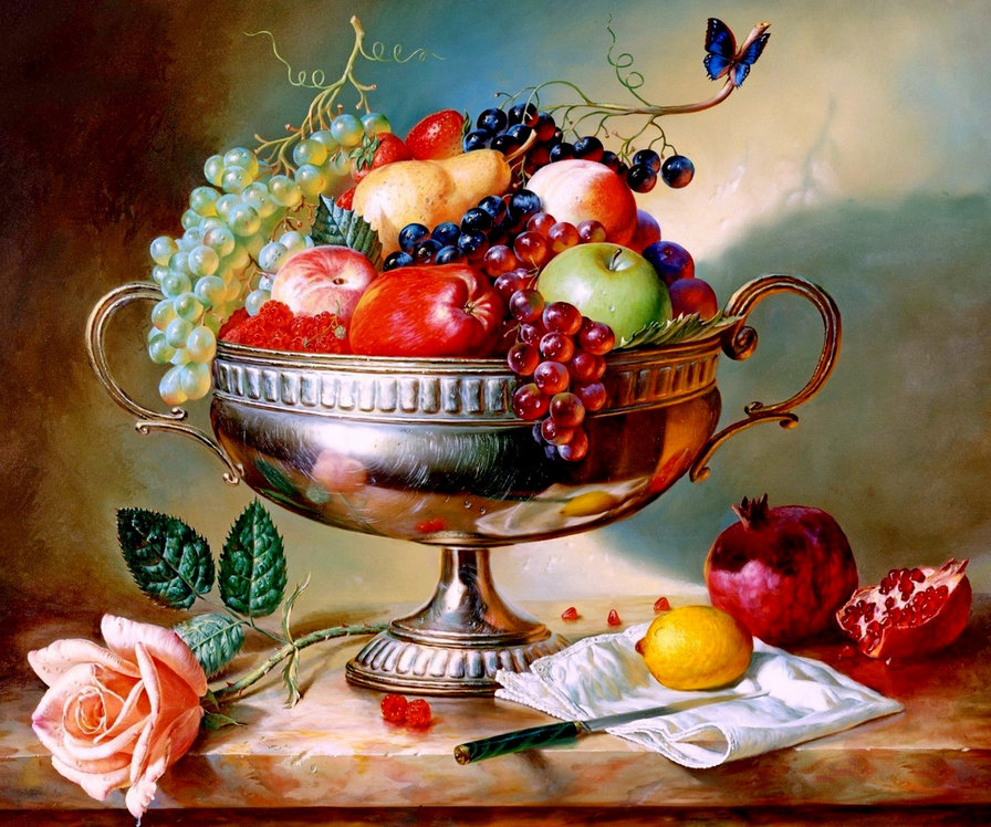 натюрморт А.Антонова - роза, лимон, виноград, бабочка, фрукты, картина, живопись, ваза, гранат - оригинал