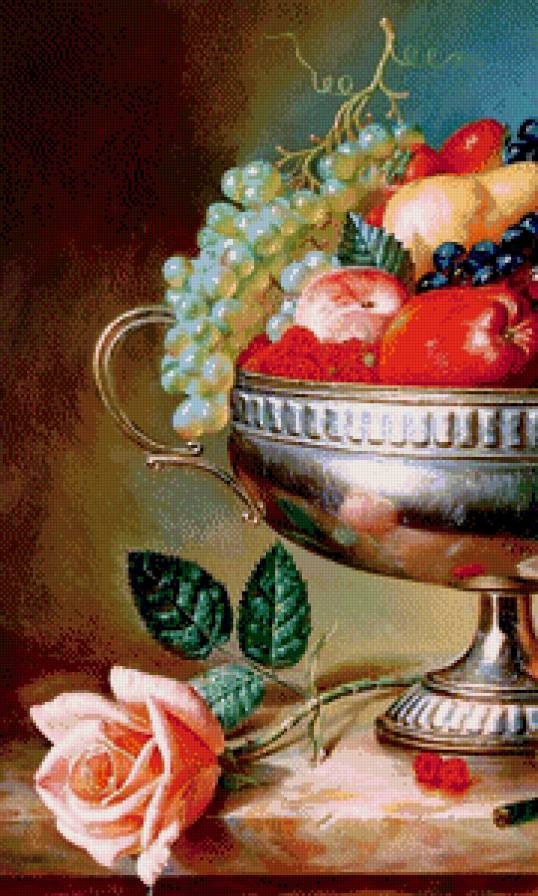 натюрморт  А. Антонова часть 1 - лимон, виноград, фрукты, бабочка, живопись, ваза, роза, гранат, картина - предпросмотр