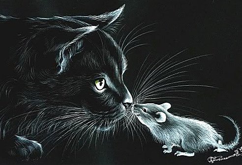 кошка и мышка монохром 2 - кошка, чорнобелое, монохром, мышка - оригинал