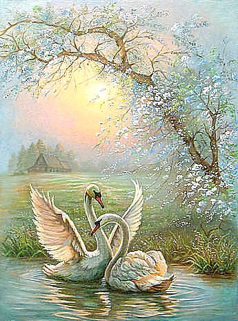 Лебединая песня - лебеди, озеро, пейзаж, весна, цветы - оригинал