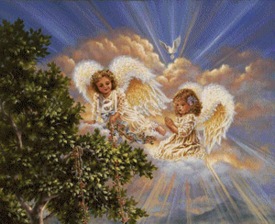 ангелы на облаке - ангелы, дерево, мальчик, дети, девочка, небо, облака - оригинал