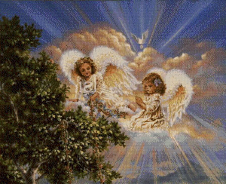 ангелы на облаке - облака, дерево, девочка, ангелы, дети, мальчик, небо - предпросмотр