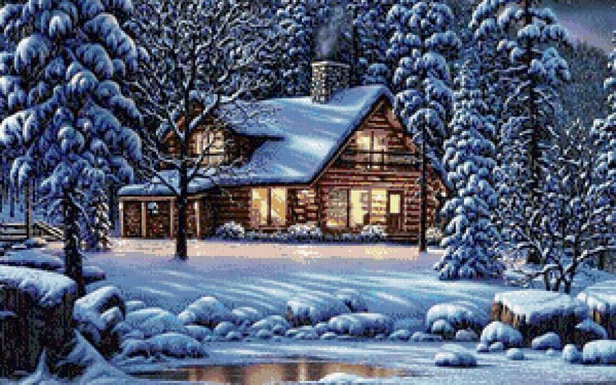 зимняя картина - снег, избушка.картина, домик, зима, рождество, лес, сугроб, озеро.сосна - предпросмотр