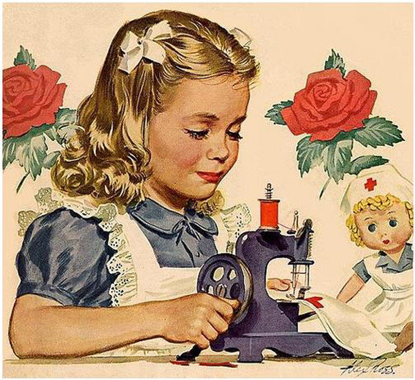 РЕТРО - девочка, рукодельница, открытка, цветы, ретро, фото - оригинал