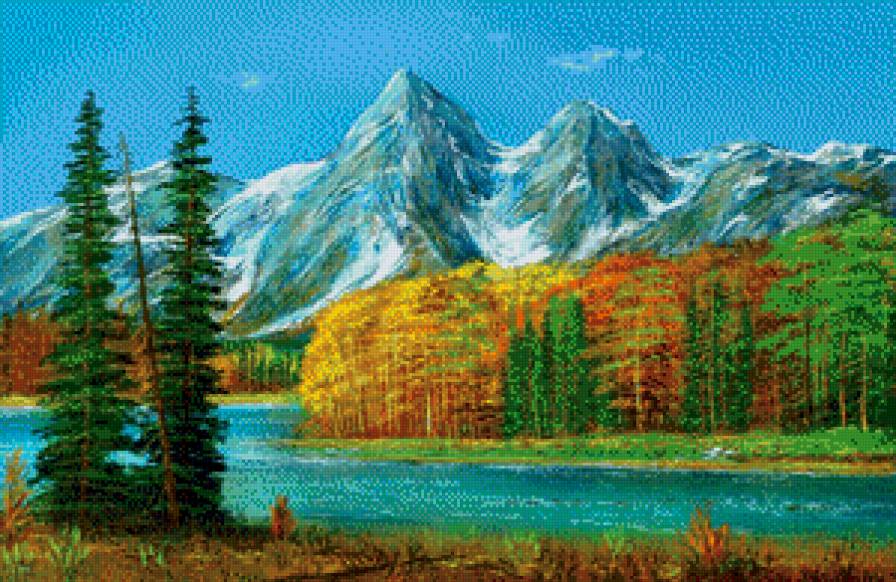 Солнечный пейзаж - пейзаж, горы, осень, озеро, село - предпросмотр