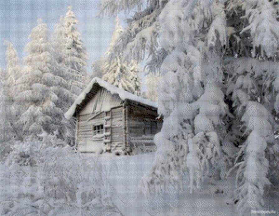 избушка в зимнем лесу - сосны, новый год, лес, зима, снег, избушка, ели, елки, рождество, пейзаж - предпросмотр