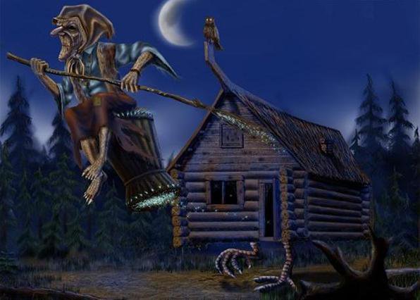 избушка с бабою ягой идёт бредёт сама собой... - лес, ступа, избушка, метла, баба яга, сказка - оригинал