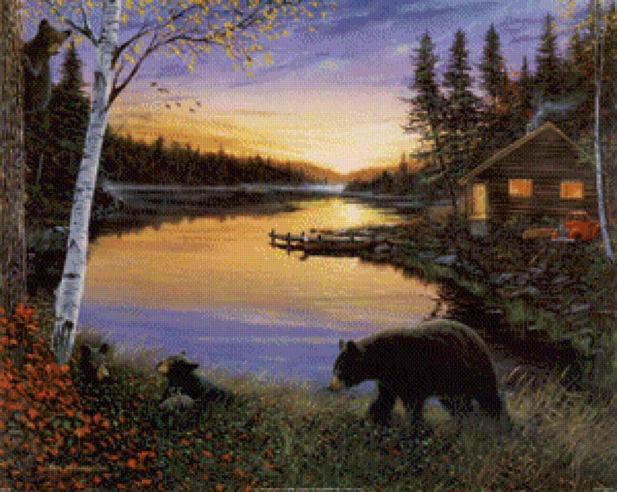 на берегу - медвежата, природа, причал, медведица, пейзаж, река, берег - предпросмотр