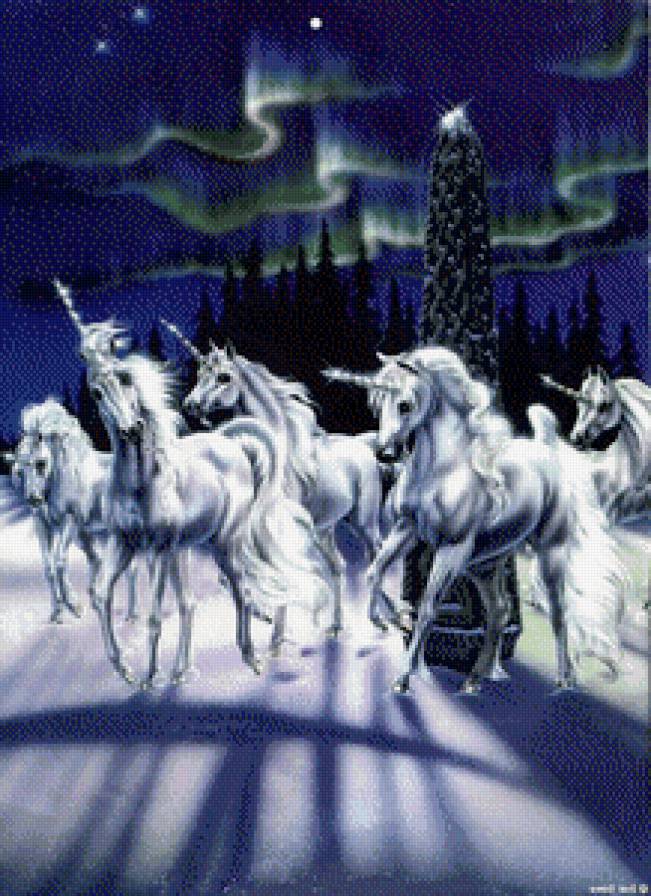 единороги 6 - единорог, лес, кони, существа, легенда, миф, лошади, луна, река, сказка - предпросмотр