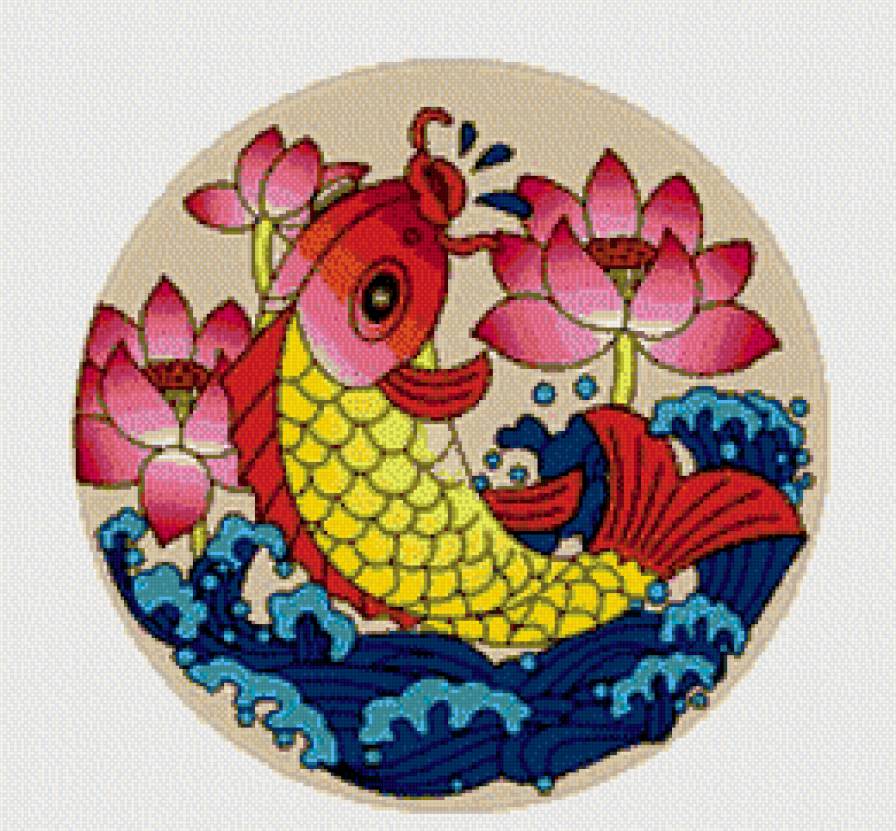 Карп с лотосом - карпы, цветы, восток, азия - предпросмотр