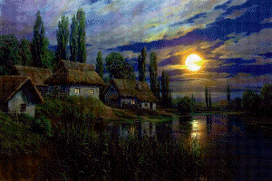Украинская ночь - пейзаж, озеро, село - предпросмотр