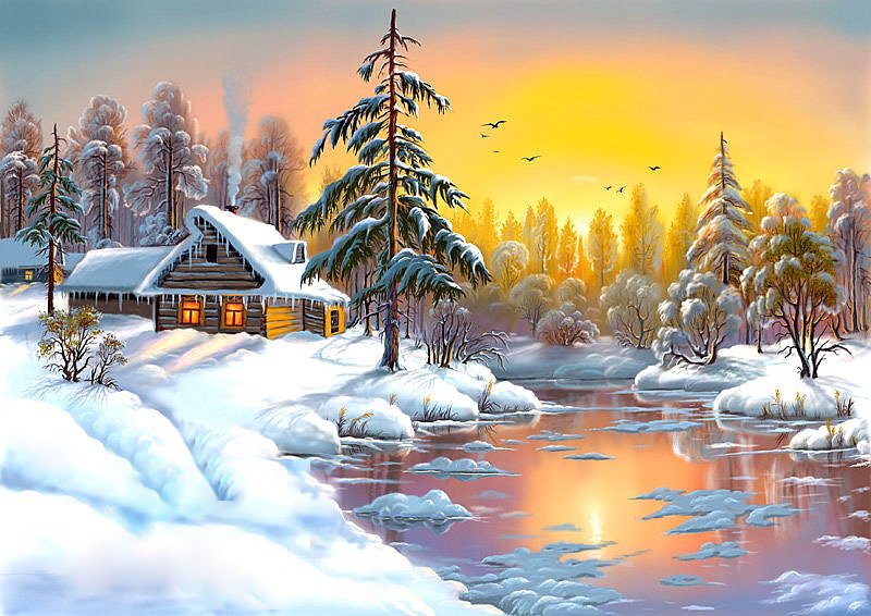 Закат - зима, река, пейзаж, домики, закат - оригинал