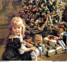 девочка около елки - детское, люди, рождество, елка, живопись, дети, котенок, подарки - оригинал