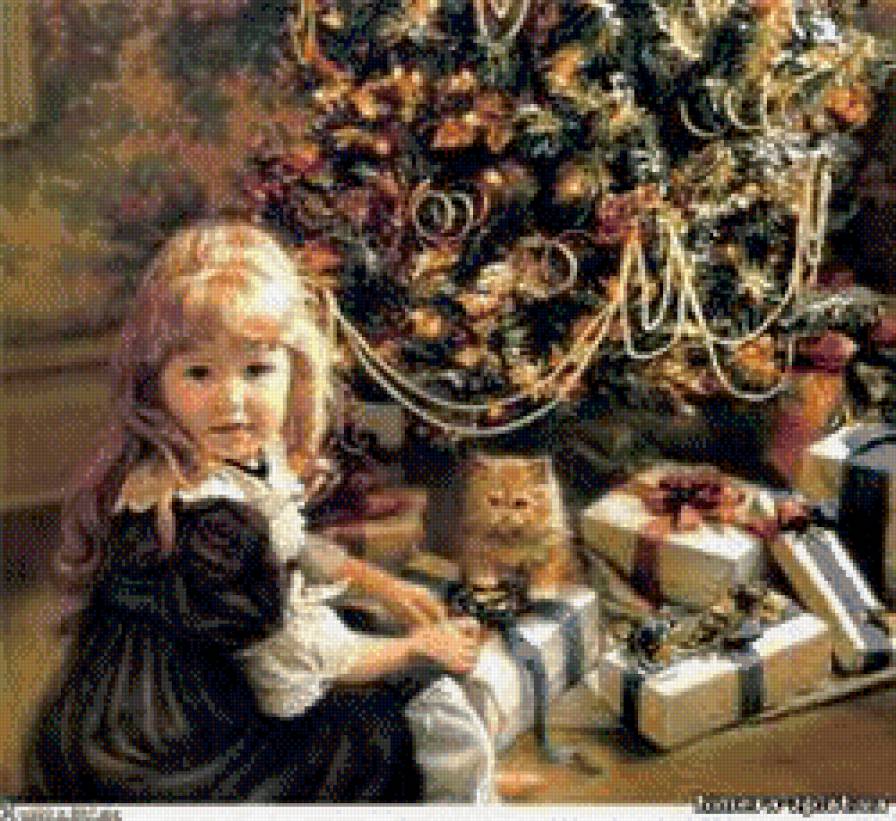 девочка около елки - люди, подарки, рождество, котенок, детское, живопись, елка, дети - предпросмотр