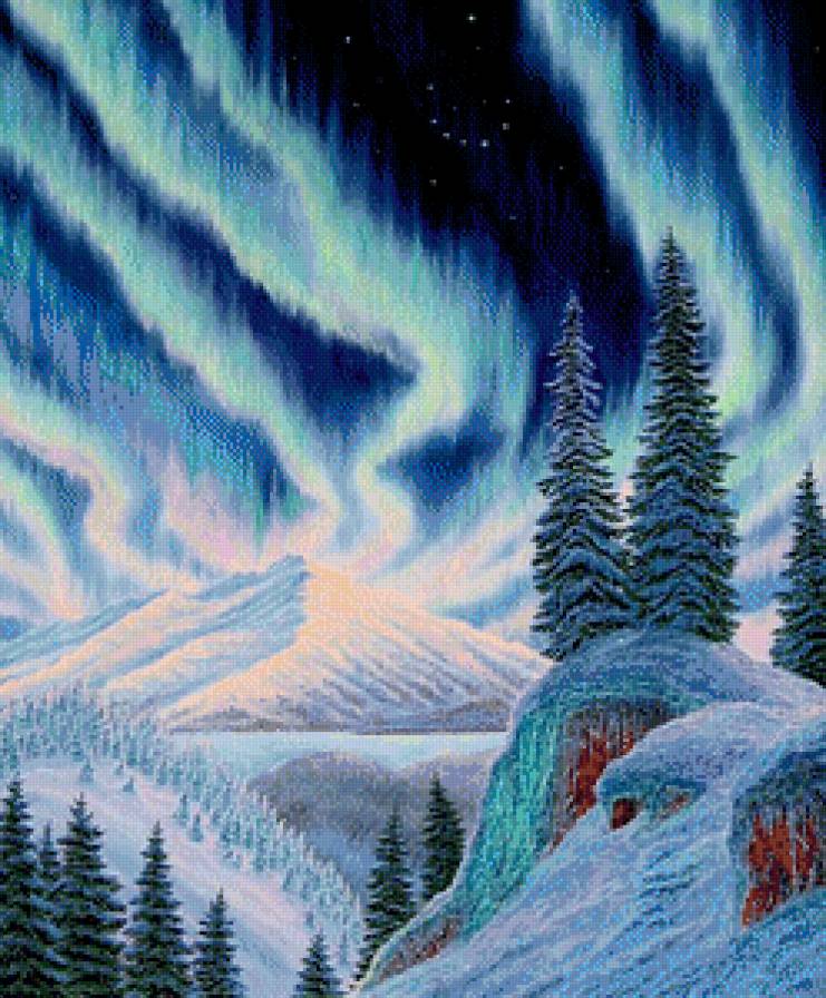 Северное сияние - скалы, ночь, ели, пейзаж, горы, север - предпросмотр