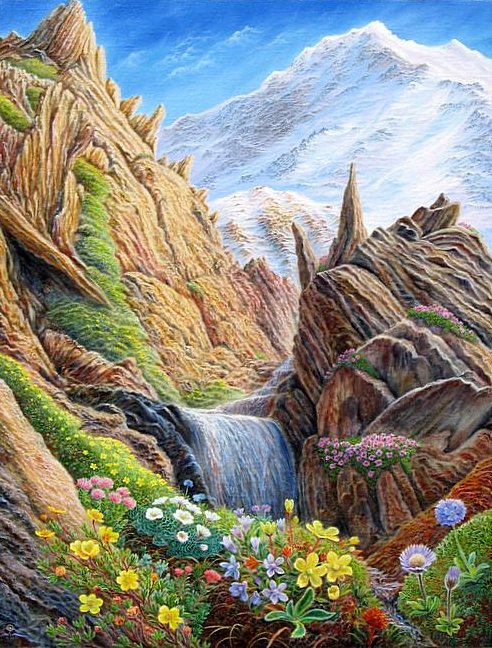 Горное ущелье - цветы, горы, водопад, река, пейзаж - оригинал