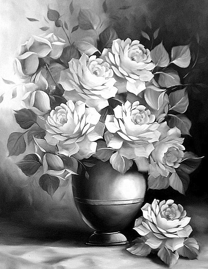 Нежные цветы - монохром, ваза, живопись, букет, цветы, розы - оригинал
