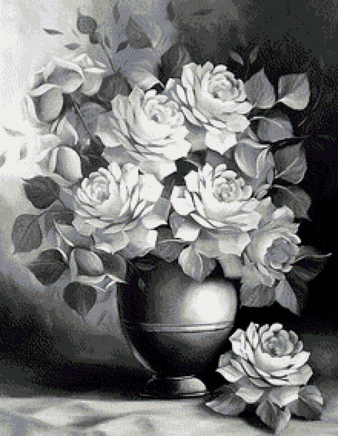 Нежные цветы - букет, розы, монохром, ваза, живопись, цветы - предпросмотр