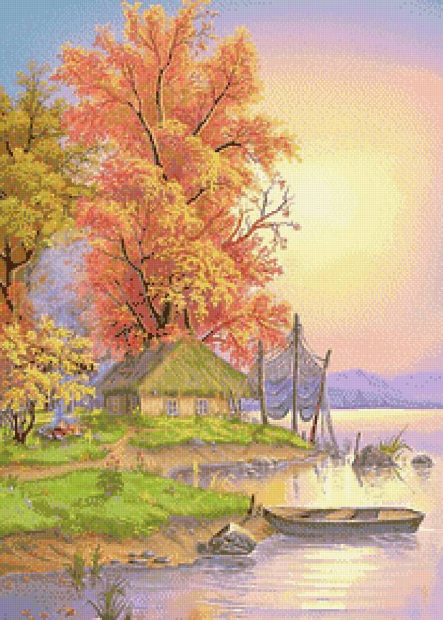 Осенняя река (В.Цыганов) - лодки, осень, домики, пейзаж, река, живопись, картины - предпросмотр