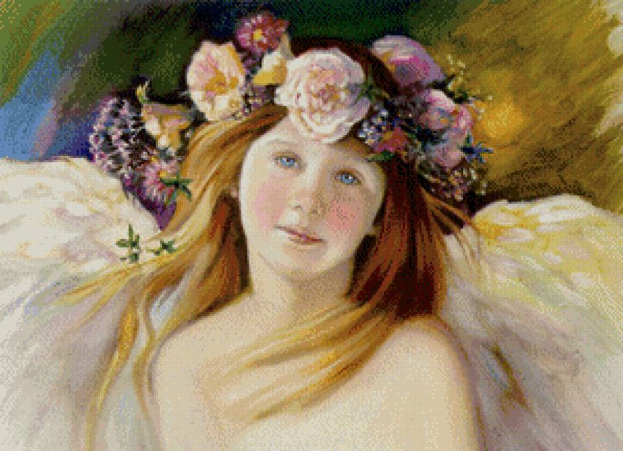 ангел весны - дона гелсингер, цветы, ангел, религия, картина, девушка, весна - предпросмотр