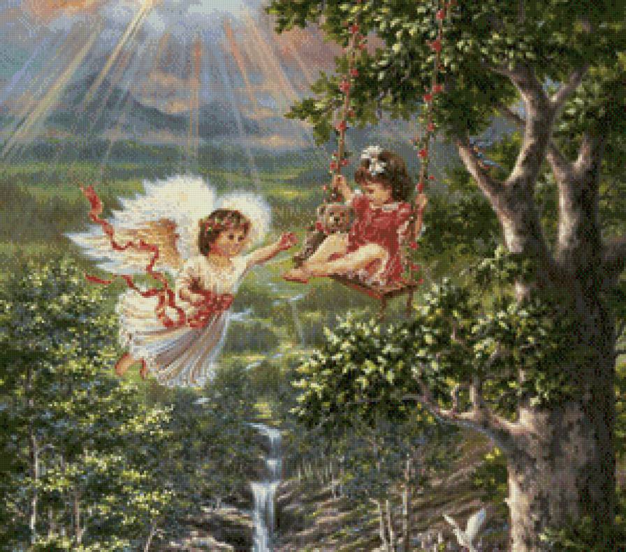 ангел и девочка на качелях - качели, дерево, религия, водопад, ангел, дети, небо, дона гелсингер - предпросмотр