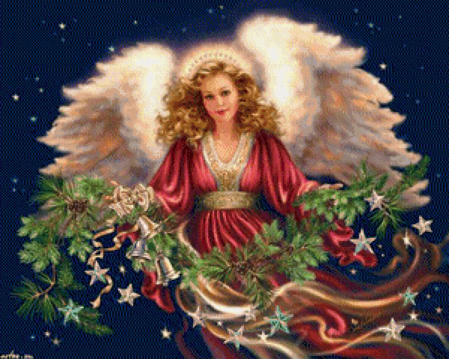 ангел праздника - праздник, дона гелсингер, ангел, рождество, цветы, гирлянда - предпросмотр