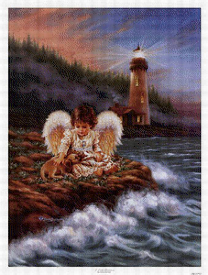 ангел со щенком на берегу моря - дона гелсингер, берег, маяк, девочка, волны, море, щенок, ангел, дети - предпросмотр