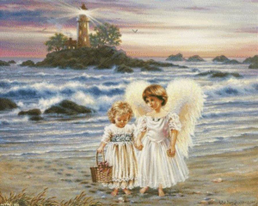 ангелок и девочка на морском берегу - ангел, море, дети, берег, девочка, маяк, религия, дона гелсингер - предпросмотр