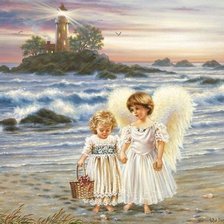 Оригинал схемы вышивки «ангелок и девочка на морском берегу» (№528872)