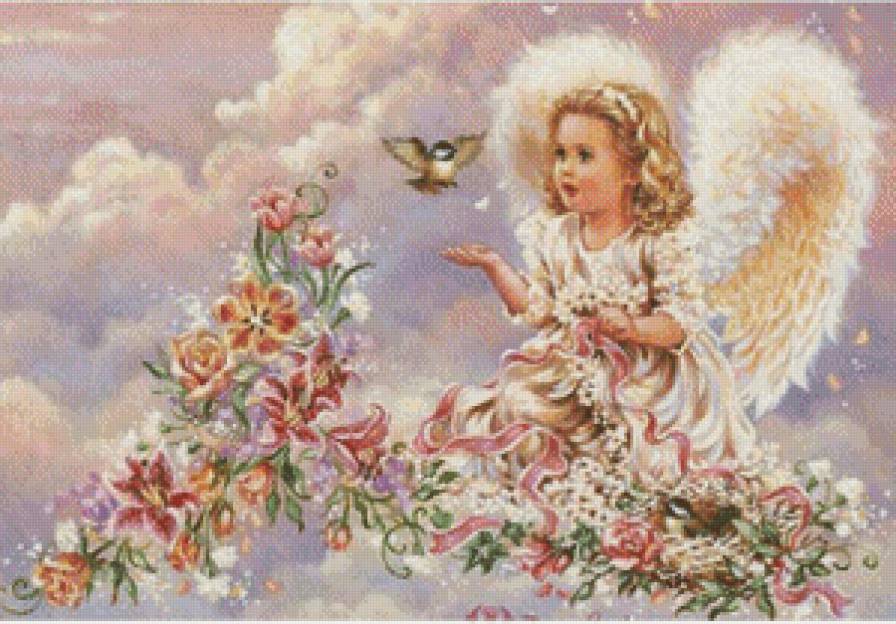 ангелок и птичка - птичка, дети, цветы, дона гелсингер, небо, ангел, луна, розы, гирлянда - предпросмотр