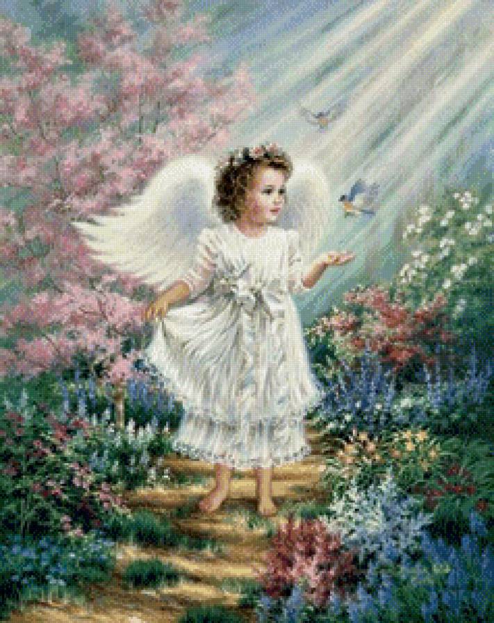 ангелок и птички - куст, дона гелсингер, девочка, дети, цветы, сад, птичка, ангел, религия - предпросмотр