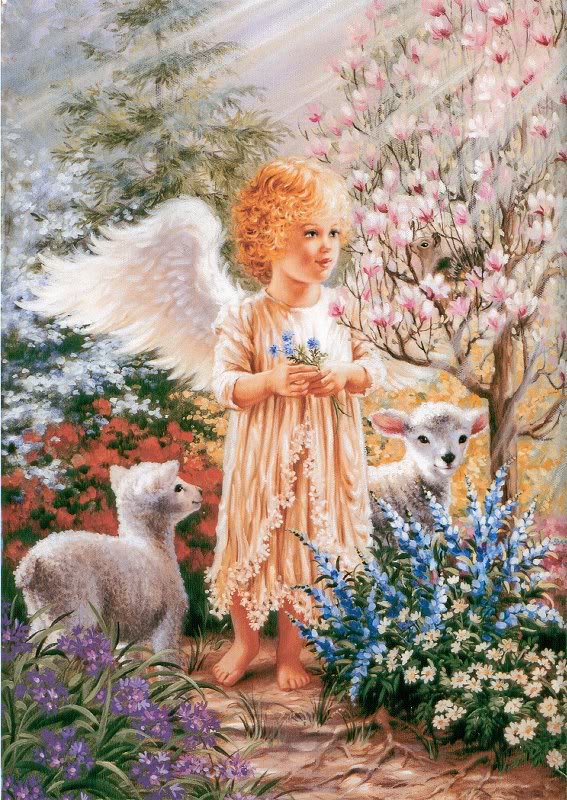 ангелок и ягнята - дона гелсингер, куст, цветы, луч, ангел, дети, религия, ягненок, девочка - оригинал