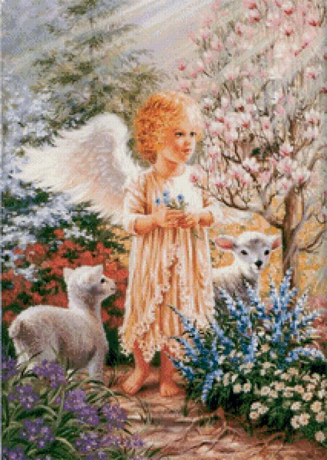 ангелок и ягнята - дона гелсингер, ягненок, луч, куст, цветы, дети, религия, девочка, ангел - предпросмотр