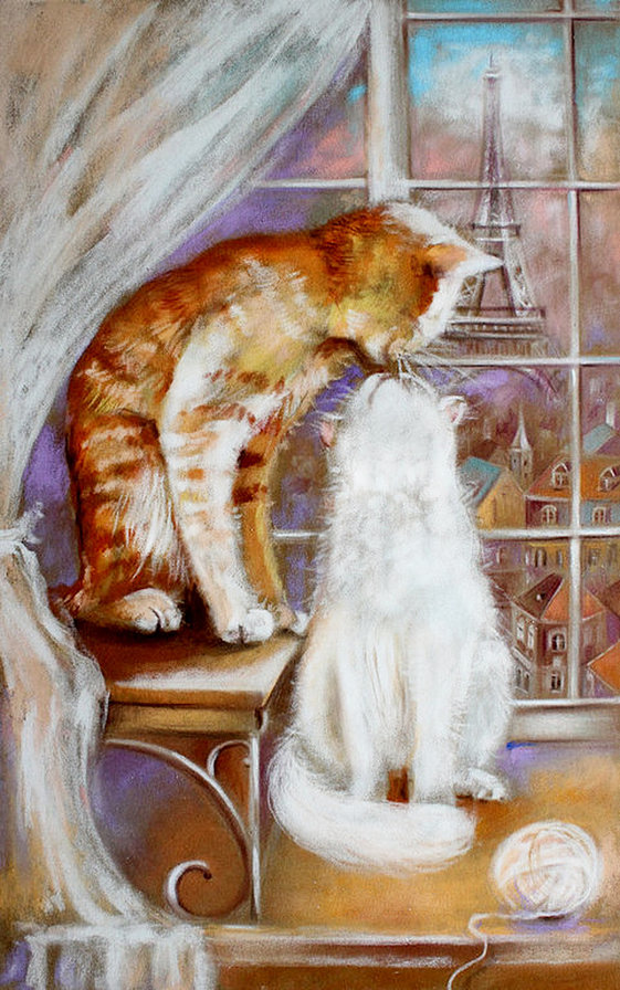французский поцелуй - живопись, любовь, кот, город, башня, пара, окно, кошка, клубок - оригинал