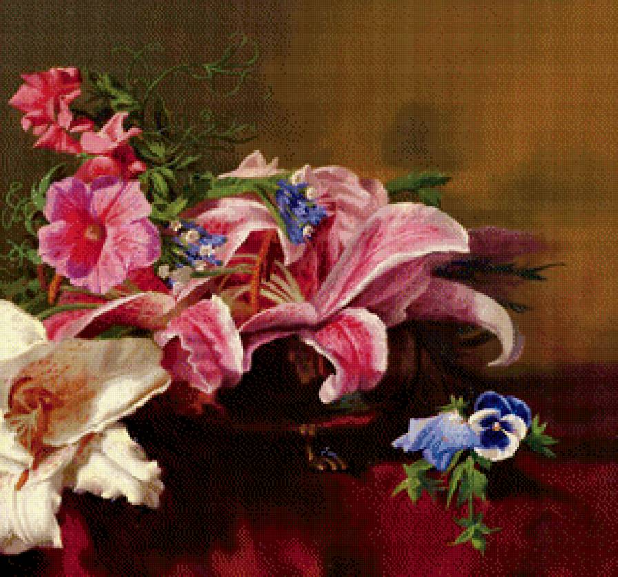 картина А.Антонова часть 2 - живопись, цветы, вьюнок, книги, лилии, бокал, анютины глазки, букет - предпросмотр