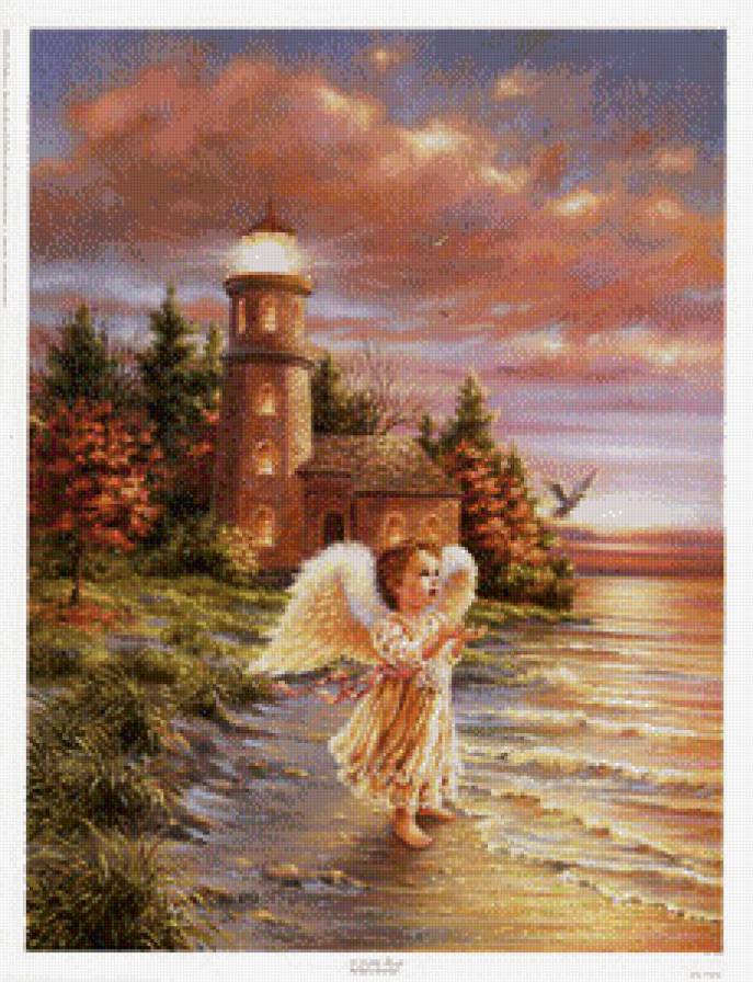 ангелок на берегу моря - дети, маяк, море, религия, дона гелсингер, ангел, девочка, берег - предпросмотр