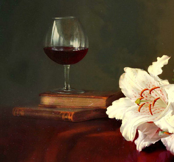 картина А.Антонова часть 1 - анютины глазки, цветы, вьюнок, бокал, лилии, живопись, книги, букет - оригинал