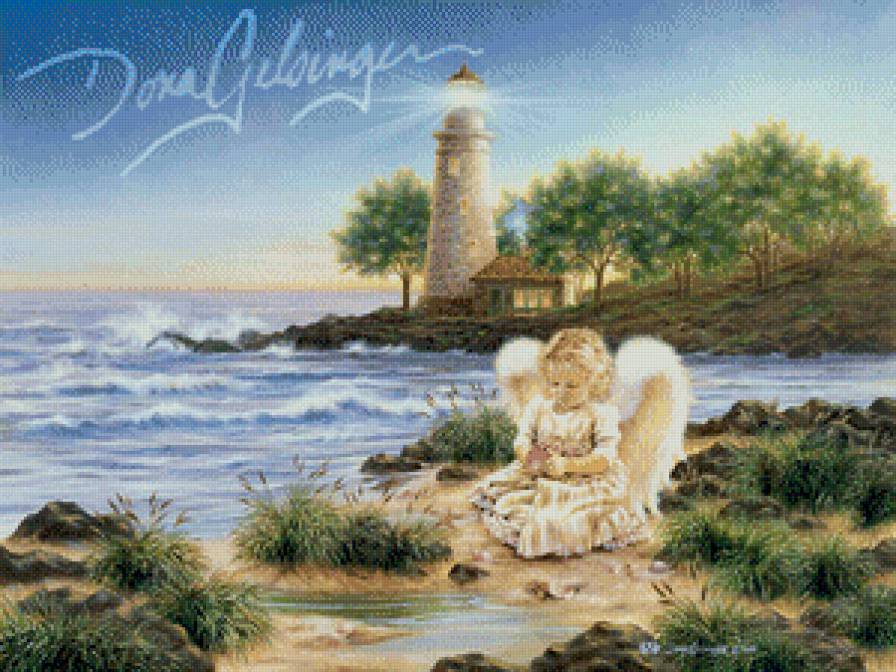 ангелок на берегу - девочка, дона гелсингер, барег, маяк, ангел, море, дети, религия - предпросмотр